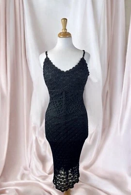 Vestido sin Mangas Negro Crochet Cuentas Glamour Corte Gótico Fairycore Formal Y2K Talla M Foto 1 de 4