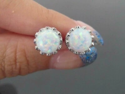 4Ct Round Fire Opal Lab Created Solitaire Stud Earrings 14K White Gold Plated - Image 1 of 4
