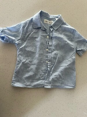 Toddler Blue & White Striped Short-sleeve Zara Shirt | 2T | Spring, Summer Wear - Image 1 of 3