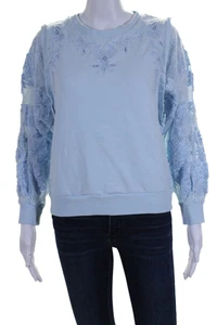 Anthropologie Womens Cotton Light Blue Mesh Floral Applique Sweatshirt Size XS - Picture 1 of 8