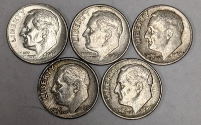 Roosevelt Silver Dimes 5 Different Date - Image 1 of 3