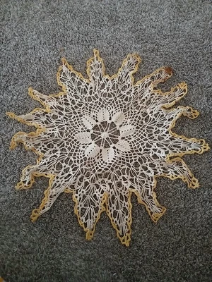 HANDMADE Crochet Starburst Doily White With Yellow Border 22" - Image 1 of 3
