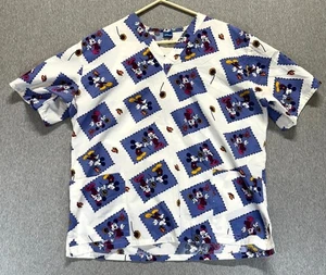 Disney Scrub Top Unisex Blue White Mickey Mouse Graphic Cotton High Low Hem XL - Picture 1 of 14