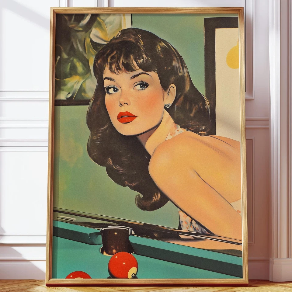 Impresión de póster de billar retro para mujer, hermoso prendedor, estilo up medio, decoración de pared Foto 1 de 1