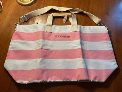 NEW Victoria’sSecret LARGE CanvasWeekenderBagGetawayBeachTotePinkStripesDualStra - Image 1 of 4