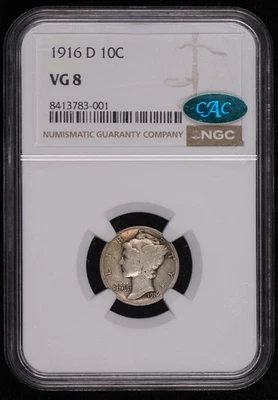 1916 D Dimes Winged Liberty Head or Mercury NGC VG-8 CAC - Image 1 of 4