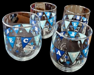 4 Piece Set Of Crate & Barrel Glassware "C-E-L-E-B-R-A-T-E" Light Blue & White - Picture 1 of 6