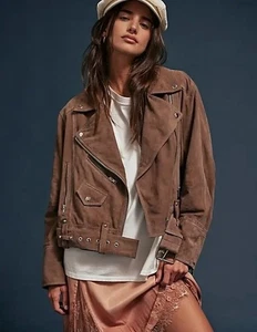 Free People Mina Suede Jacket Womens L Mocha Brown Moto Edgy Boho Indie Grunge - Picture 1 of 9