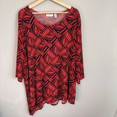 SUSAN GRAVER Top Mujer 3X Negro Rojo Líquido Tejido Asimétrico Largo Túnica Artística EE. UU. Foto 1 de 4