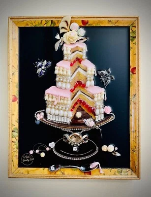 STILL LIFE, CAKE, FRAMED JEWELRY ONE OF A KIND ART, UNIQUE GIFT, HOME DECOR - Image 1 of 4