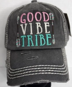 NEW! "GOOD VIBE TRIBE" Vintage Black Embroidered Factory Distressed Baseball Cap - Picture 1 of 8