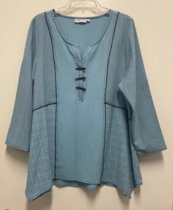HABITAT Blouse - Aqua Rayon/Polyester, Long Sleeve, Black Geometric, Pullover LG - Picture 1 of 7