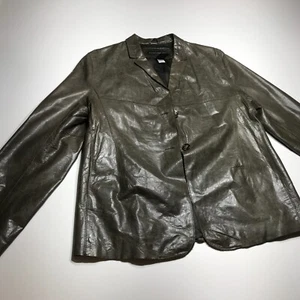 Banana Republic Genuine Leather Olive Oversize Button Front Classic Jacket Sz 14 - Picture 1 of 15