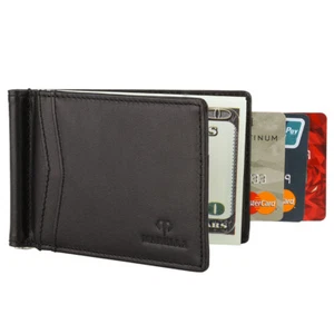Cartera con clip para dinero con bloqueo RFID delgada doble pliegue de cuero genuino para hombre_Día del Padre - Imagen 1 de 25