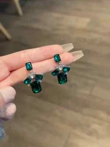 White Gold Filled Geometric Emerald Green CZ Drop Earring-Designer Earrings - Picture 1 of 6