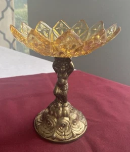 Vintage Metal Cherub Amber Glass Compote Pedestal Candy Dish 6.5 In Tall - Picture 1 of 6