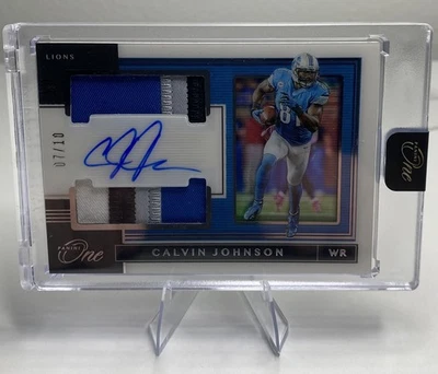 2019 Panini One #161 Calvin Johnson Dual Player-Worn Patch Auto Lions /10 Sealed - Image 1 of 2