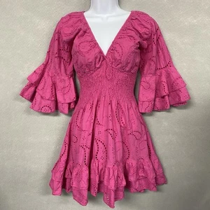 Chocolate Preppy Dress Women’s S/M Pink Barbiecore Eyelet Smocked Waist Coquette - Picture 1 of 11