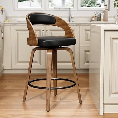 Taburete de bar giratorio de 26" de altura de mostrador silla moderna de cuero PU con respaldo negro Foto 1 de 4