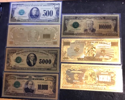 7 billetes de lámina chapados en oro Repro afilados en mangas desde $500 en adelante Foto 1 de 4