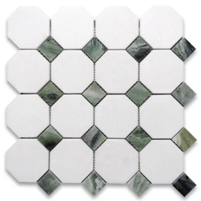 T812XP Thassos White Marble Octagon Mosaic Tile Sagano Green Dots Polished - Image 1 of 4