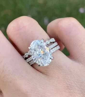 Moissanite 5Ct Oval Cut Prong Trio Set Engagement Ring 14k White Gold Plated - Image 1 of 2