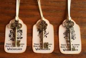 12 ALICE IN WONDERLAND SHOWER BIRTHDAY PARTY TAGS WITH BRASS KEYS SILK RIBBON - Picture 1 of 6