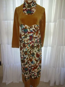 Vintage 1960s 1970s Ginger Peachy Maxi Dress S M Brown Velvet Floral Hippie USA - Picture 1 of 8