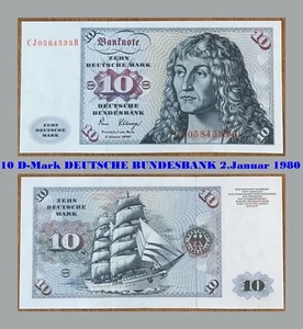 Ⓜ️ 10 Deutsche Mark ☘️ 2.Januar 1980 DM 💥 Schein Bundesbank 🍄 CJ 0584533 D 🌐 - Bild 1 von 4