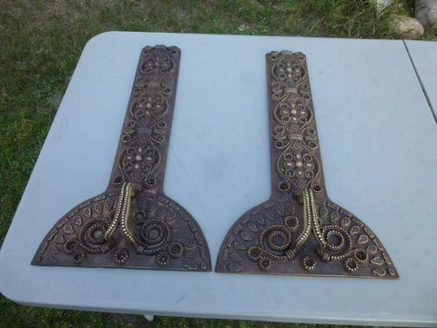 2 ANTIQUE FANCY SOLID BRASS & BRONZE INTERIOR HEAVY DOOR PLATES, HANDLE PULLS Cover