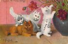 c. 1908, drei weiße Katzen und eine gelbe Katze, alte Postkarte