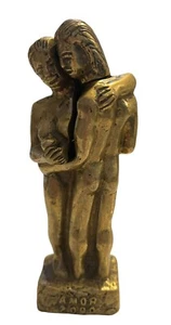Vintage Art Deco Nude Couple Kiss Brass Sculpture Signed Hinged Head Moves - Picture 1 of 15