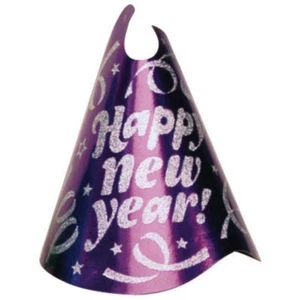 1 Purple Printed Foil 9" Cone Hat Metallic New Year's Eve Party - Picture 1 of 1