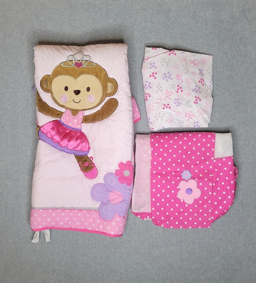Carters Child Of Mine 3 Pcs Nursery Set Pink Monkey Quilt Sheet And Dust Ruffle - Image 1 of 4