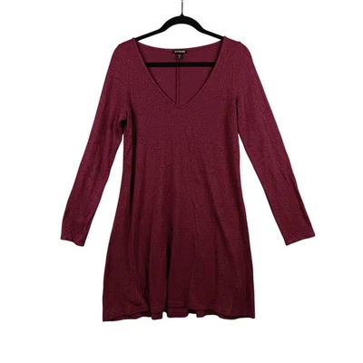 Express Burgundy Marled V Neck Long Sleeve Sweater Dress Size Medium - Image 1 of 4