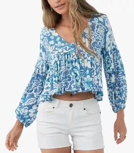 O'Neill Mary Cristina Blue White Floral Cropped Flowy Boho Beach Top Jrs MD NWOT - Picture 1 of 9