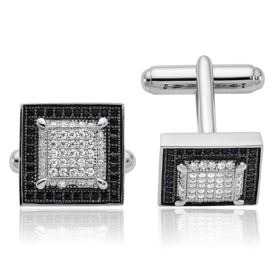 925 Sterling Silver Black White CZ Cufflinks - Image 1 of 4