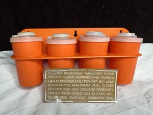 Vintage Orange Tupperware Spice Shakers #102 w/ Flip Top Lids & Wall Rack - Picture 1 of 19