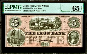 Billete obsoleto de $5 de Falls Village CT The Iron Bank de 1850-1860 G12c PMG 65EPQ - Imagen 1 de 2