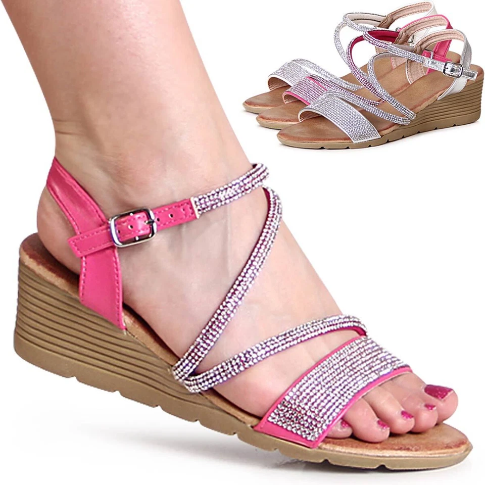 Damenschuhe Keilabsatz Sandalen Glitzer Riemchen Sandaletten Keil Sling Pumps - Bild 1 von 1