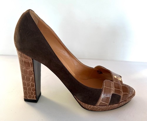 HERMÈS NUOVE SCARPE HERMES MARRONI COCCODRILLO ALLIGATORE PELLE SCAMOSCIATA TACCHI H PUNTA APERTA 38 5