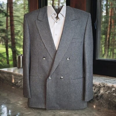 Chaqueta Blazer A Medida Para Hombre 40L Doble Pecho 4 Botones Gris Franela Tweed Foto 1 de 4