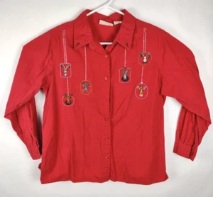 Basic Editions Holiday Festive Reindeer Christmas Top Size XL Women's Button Up - Picture 1 of 6