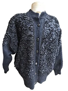 Vtg VENESHA High Quality Angora Sweater Jacket Women M Coat Embellished 90s Y2K - Picture 1 of 12