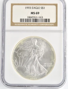 1993 $1 ASE NGC Graded MS69 .999 Fine American Silver Eagle Coin Bullion Slab - Picture 1 of 2