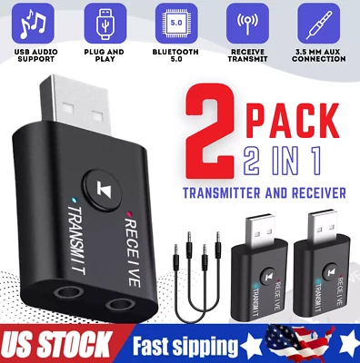 Bluetooth 5.0 2in1 Transmitter Receiver Car Wireless Audio Adapter USB 3.5mm Aux - Image 1 of 4