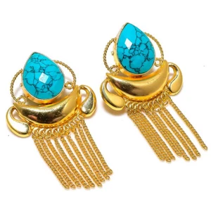 Tibetan Turquoise Brass Stud Earrings Designer Jewelry Gift for Her - Picture 1 of 1