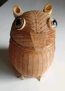 Vintage BOHO/MCM Owl Woven Wicker Basket Shanghai Handicraft: 6.5 inches - Picture 1 of 8