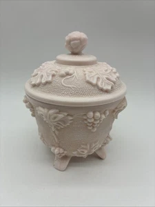 Vtg Jeanette Shell Pink Milk Glass Footed Candy Dish w/ Lid Grapes & Leaves 6” - Picture 1 of 7