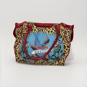 Ed Hardy By Christian Audigier Vintage Cheetah Print Red Trim Large Tattoo Bag - Picture 1 of 10